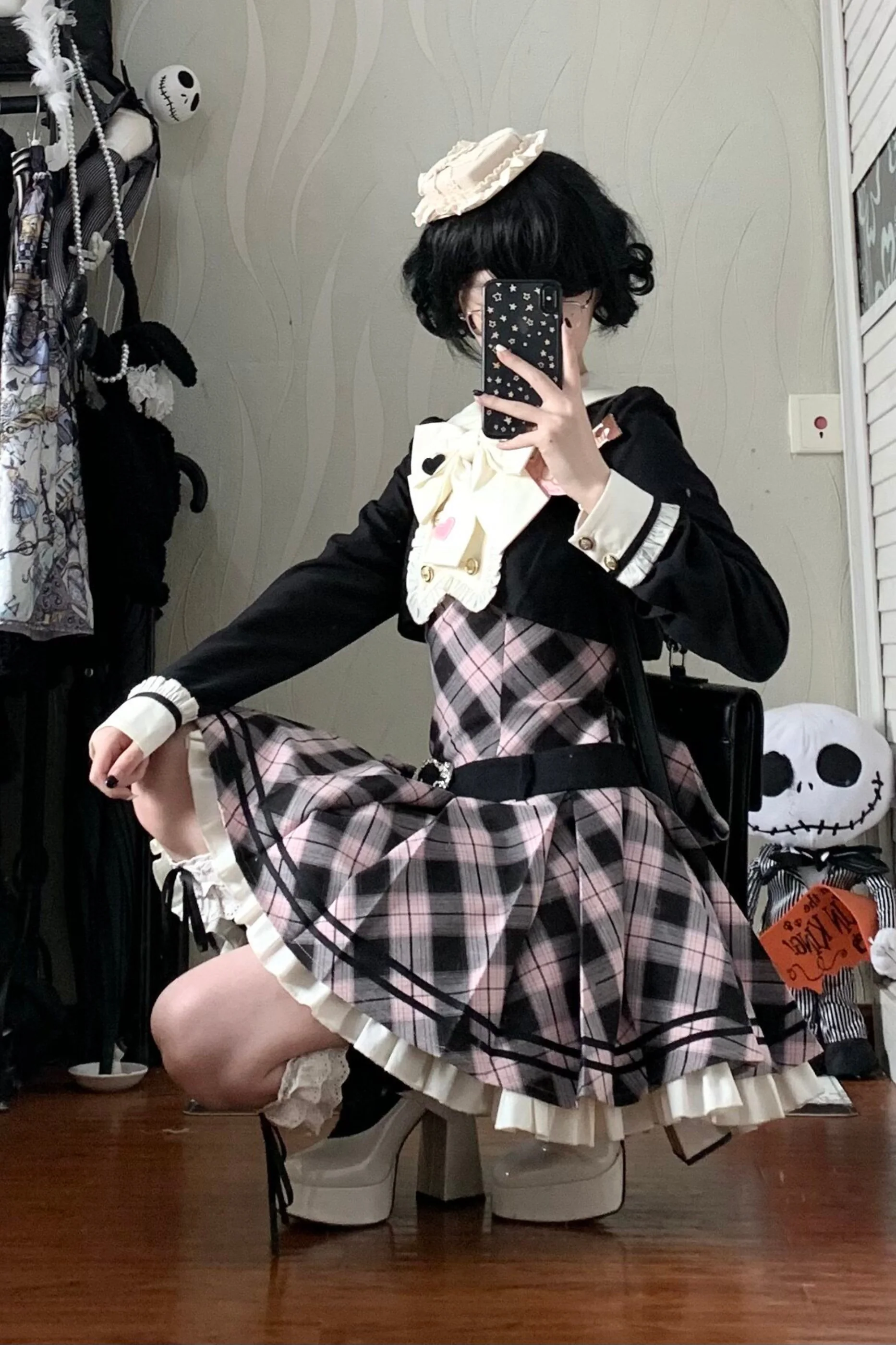Check Sweet College Faux Two-Piece Dress + Beret - Image 4