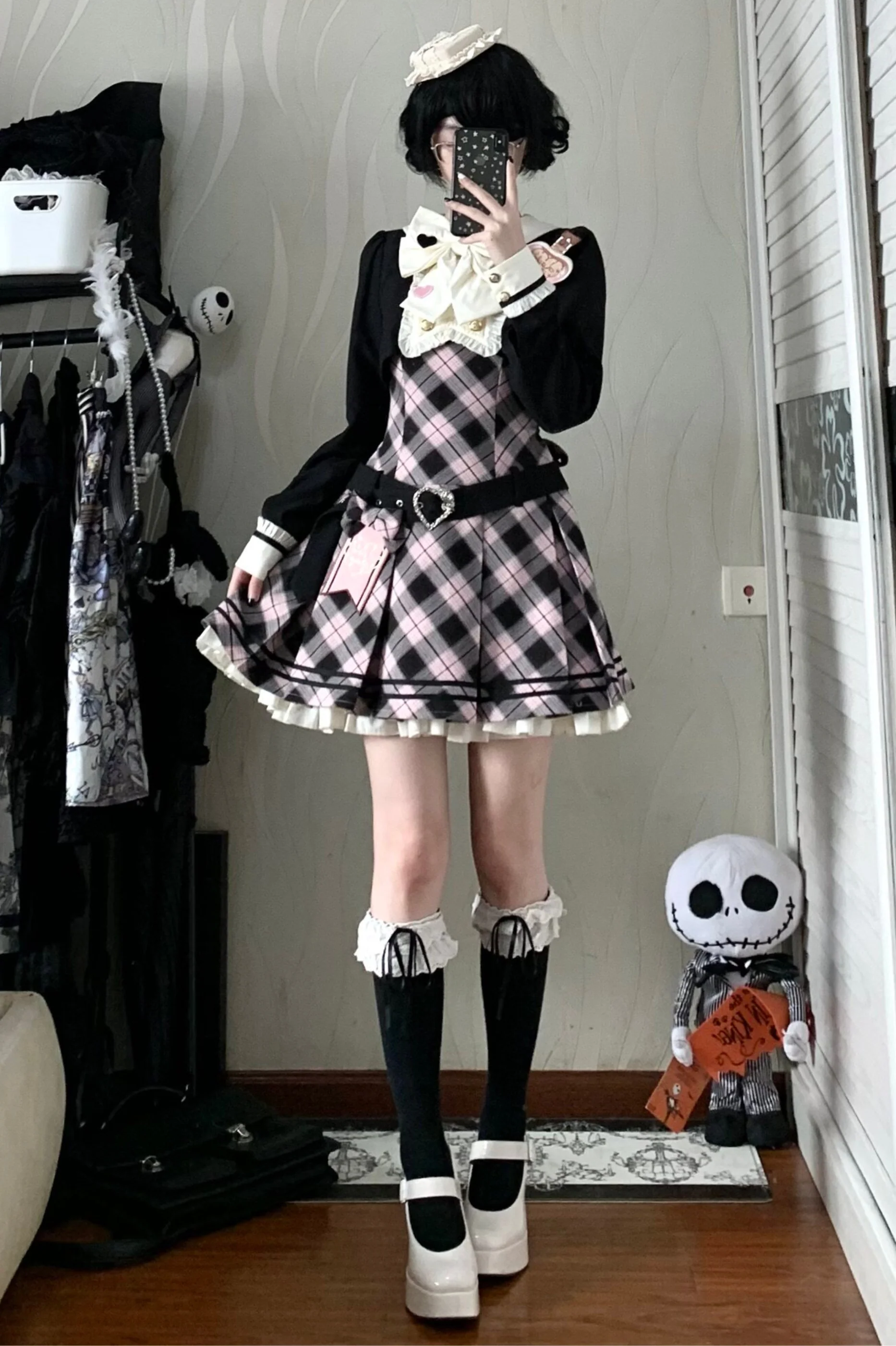 Check Sweet College Faux Two-Piece Dress + Beret - Image 7