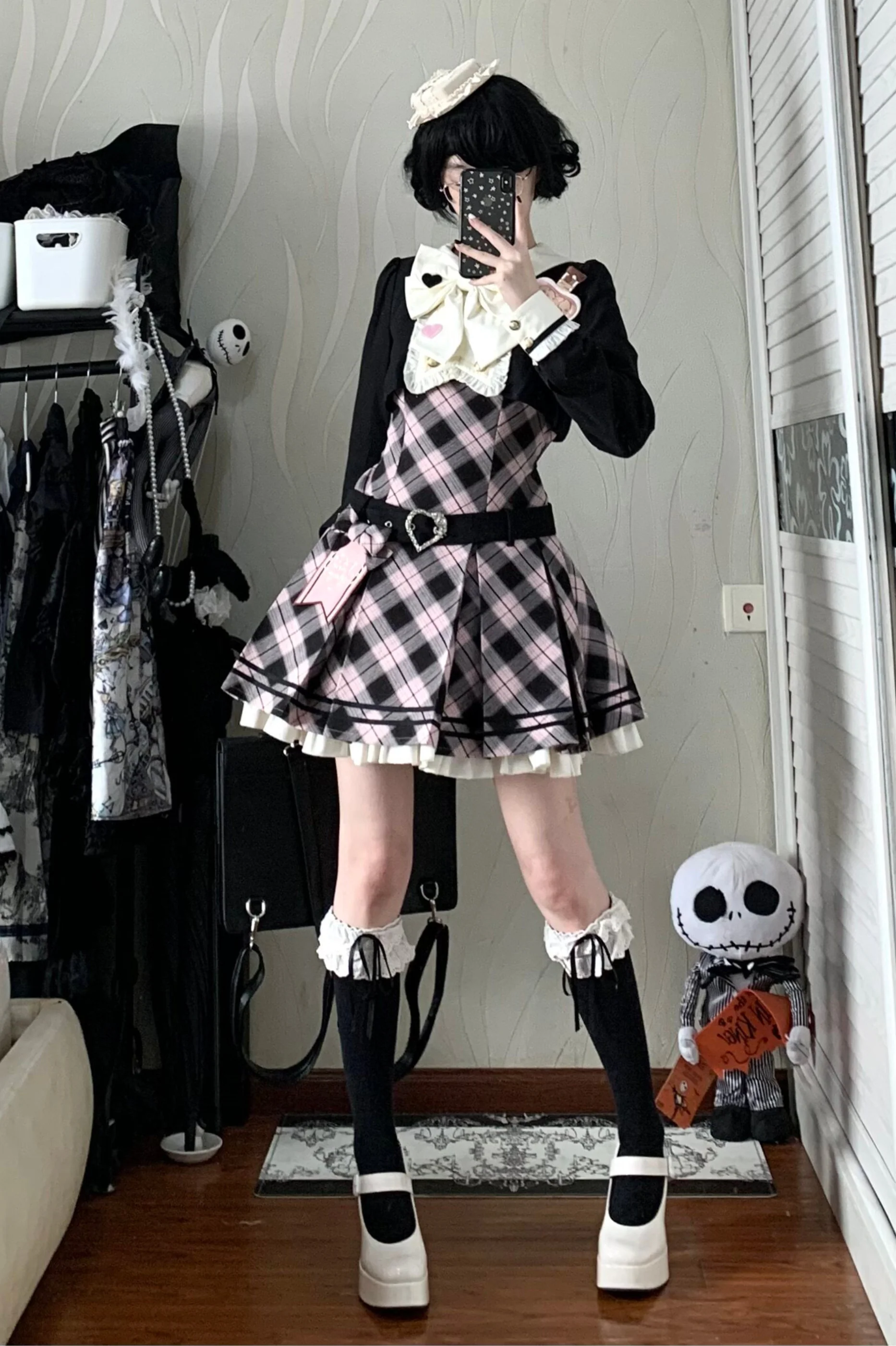 Check Sweet College Faux Two-Piece Dress + Beret - Image 9