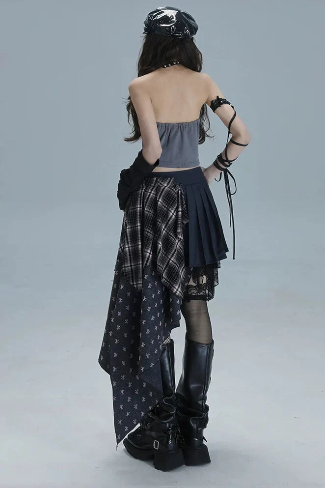 Check Patchwork Asymmetrical Skirt - Image 12