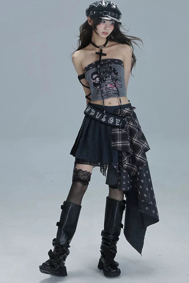 Check Patchwork Asymmetrical Skirt - Image 5