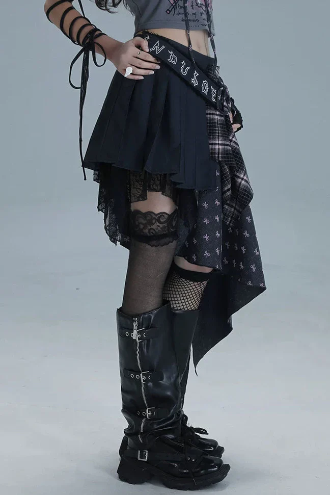 Check Patchwork Asymmetrical Skirt - Image 9