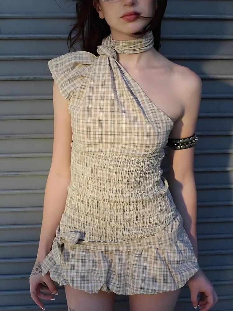 Plaid Ruched Balloon Plaid Skirt Set - Image 2
