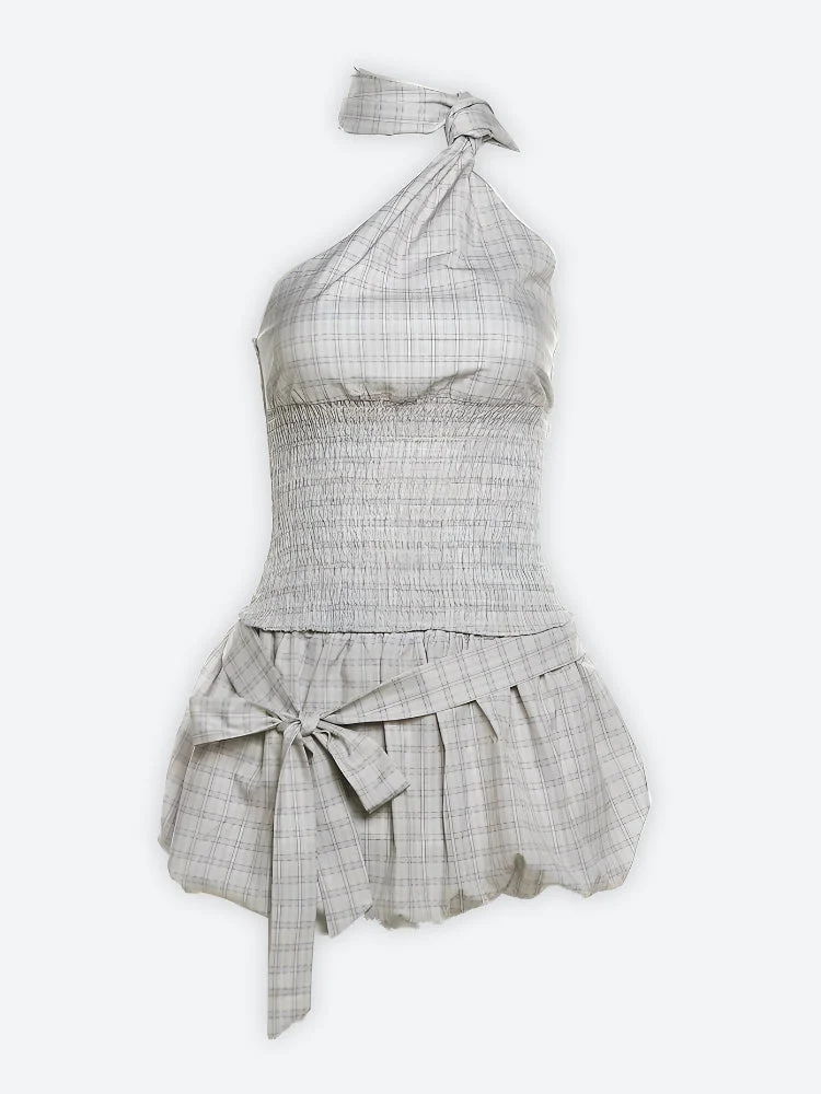Plaid Ruched Balloon Plaid Skirt Set - Image 3