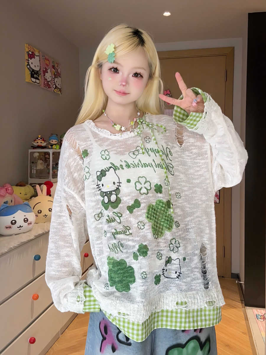 Plant Cartoon Plaid Long-sleeved Top - Image 2