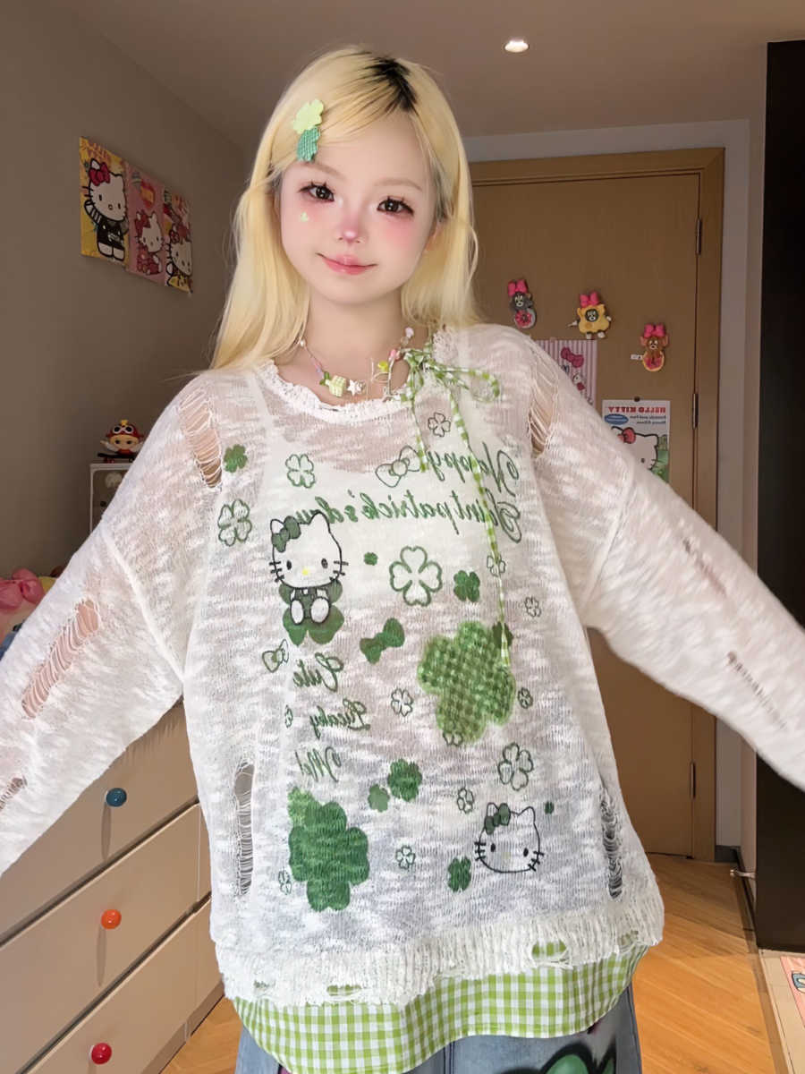 Plant Cartoon Plaid Long-sleeved Top - Image 3