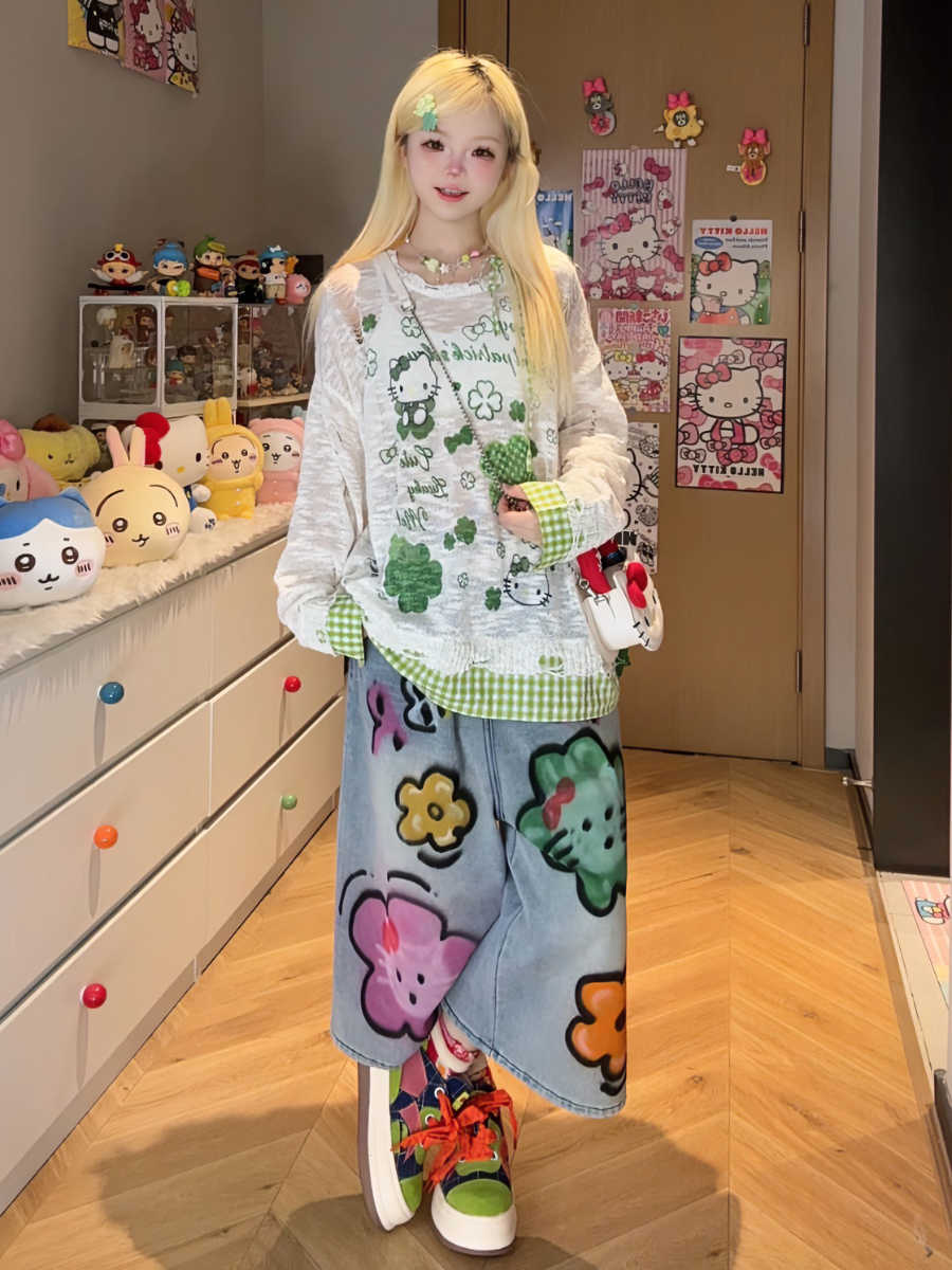 Plant Cartoon Plaid Long-sleeved Top - Image 4
