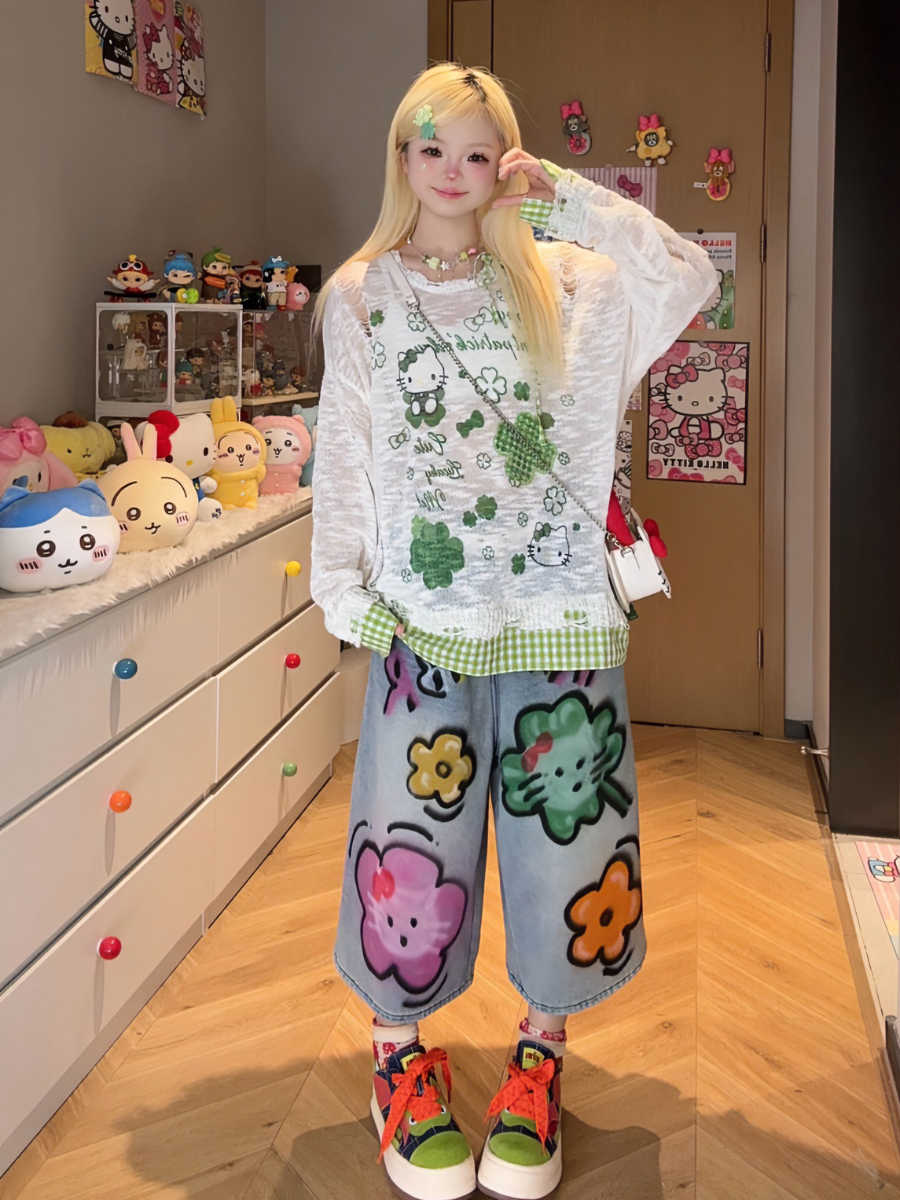 Plant Cartoon Plaid Long-sleeved Top - Image 5