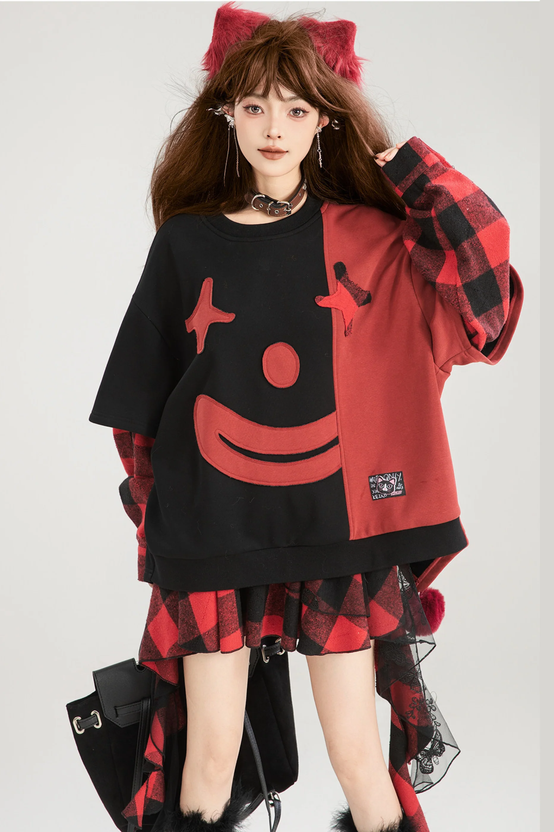 Playful Color Devil Loose Block Top + Checkered Skirt - Image 2