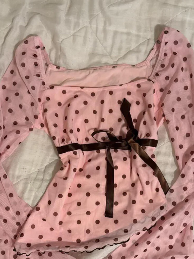 polka dots coquette bow long-sleeved shirt - Image 5