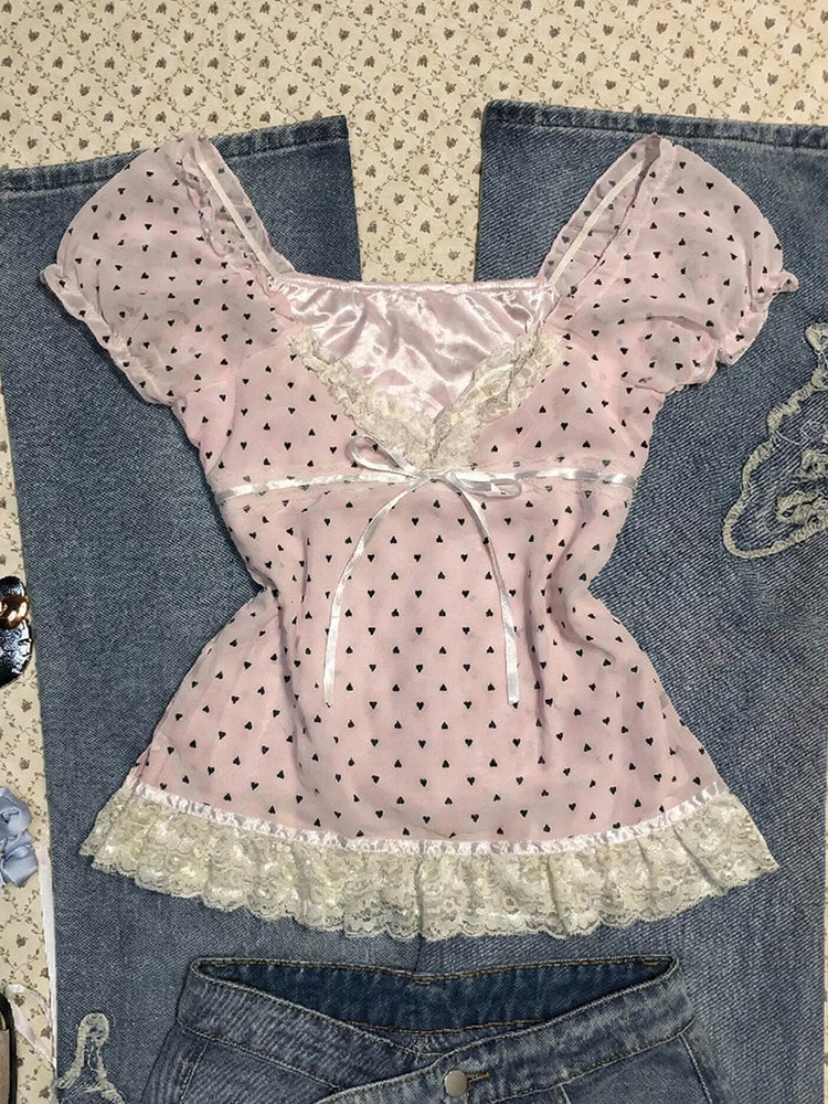 polka dots pink lace shirt - Image 2