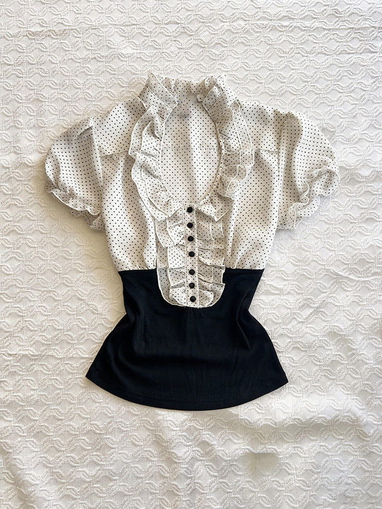 polka dots ruffled v-neck shirt