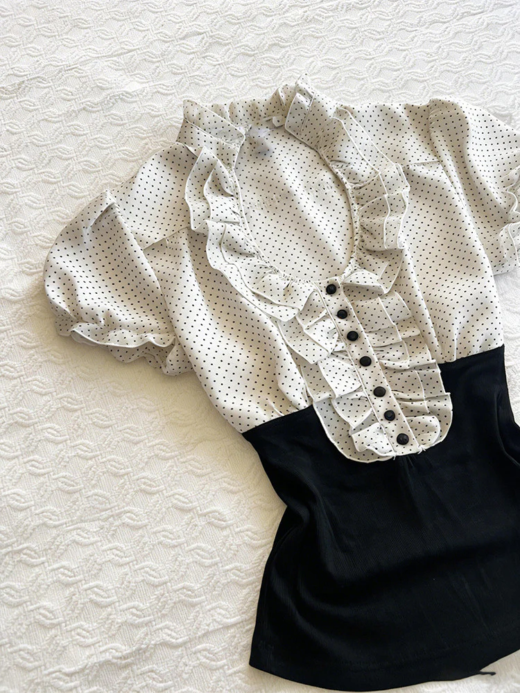 polka dots ruffled v-neck shirt - Image 4