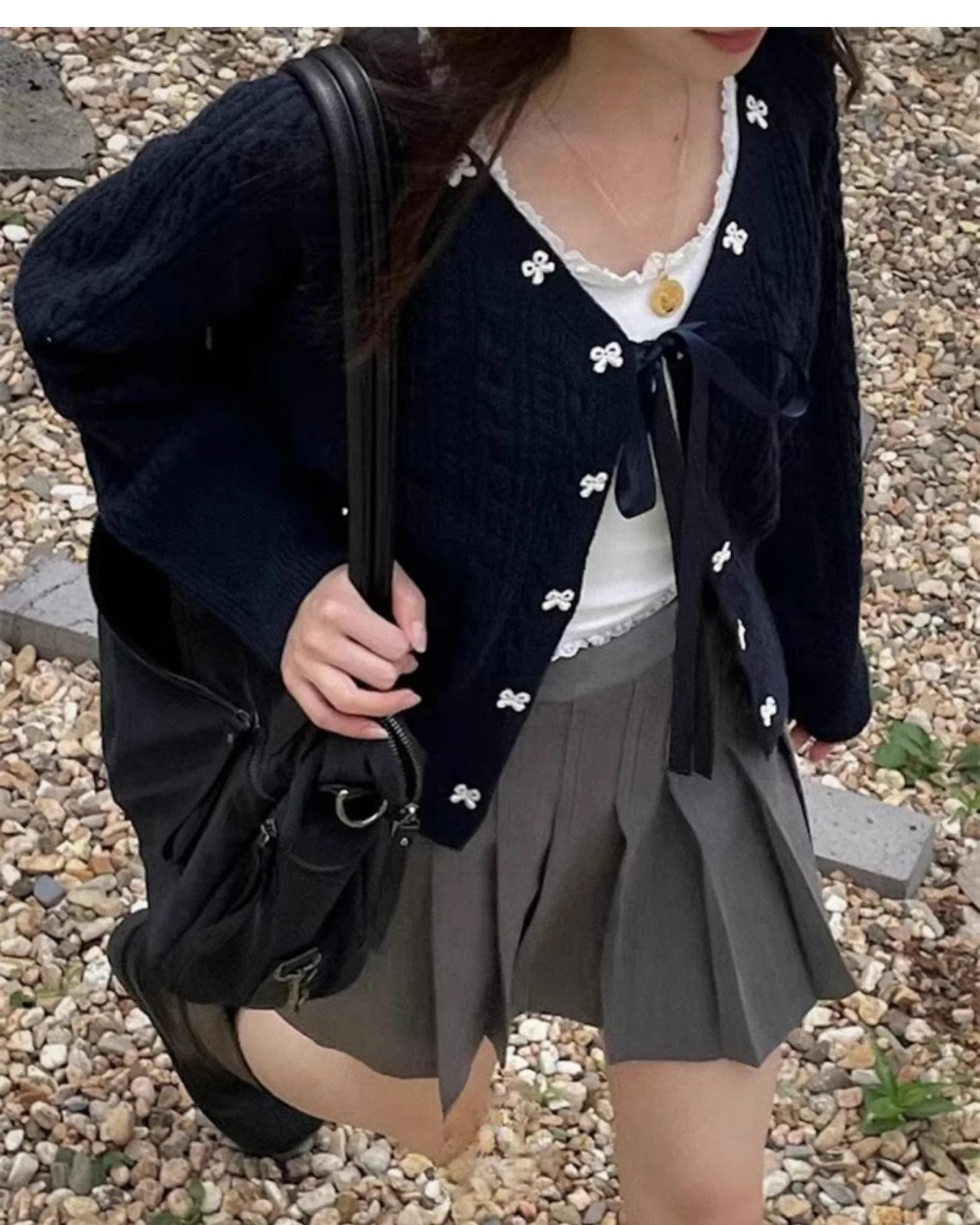 Preppy Bow Tie Coquette Knitted Cardigan - Image 2