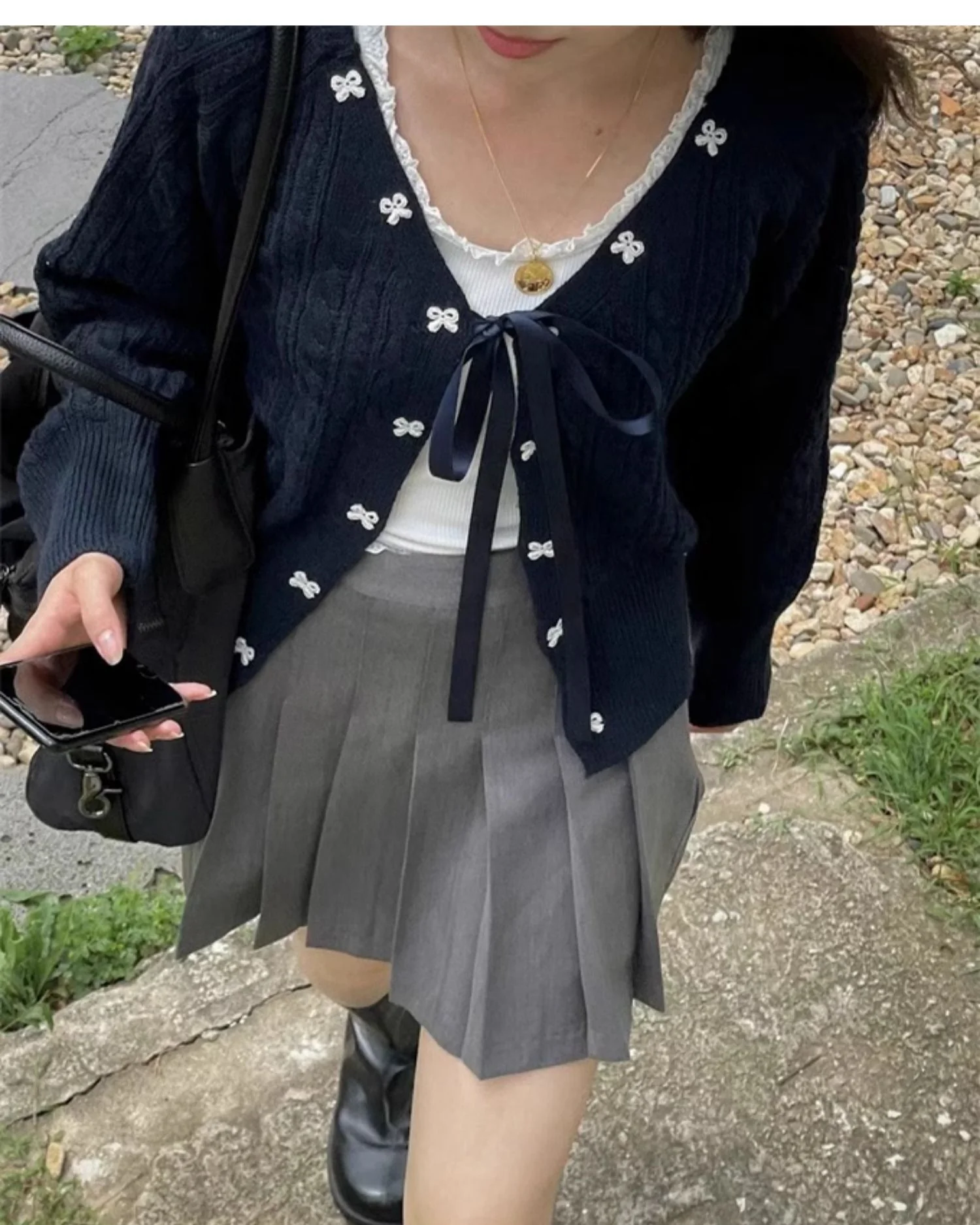 Preppy Bow Tie Coquette Knitted Cardigan - Image 3