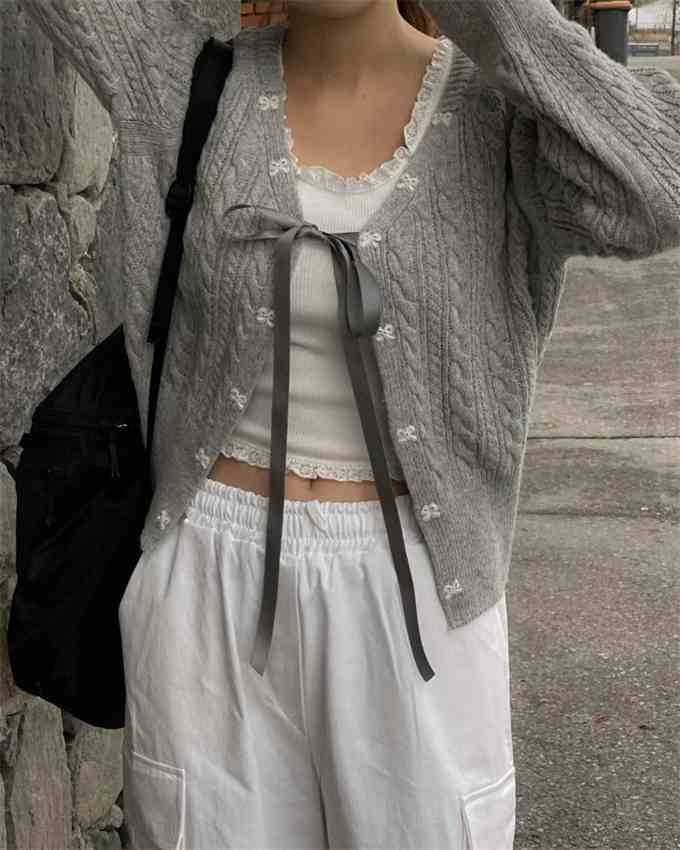 Preppy Bow Tie Coquette Knitted Cardigan - Image 6