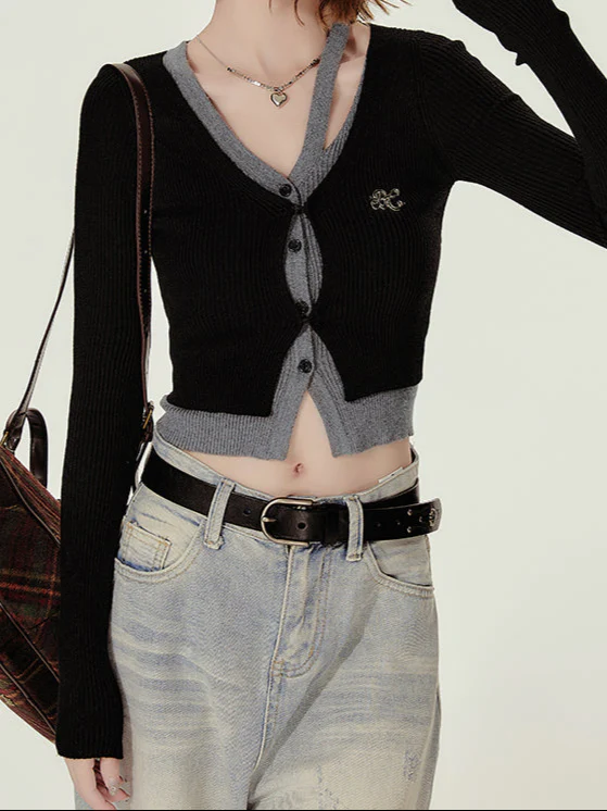 Preppy Fake Two-piece Dark Coquette Long-sleeved Top - Image 5