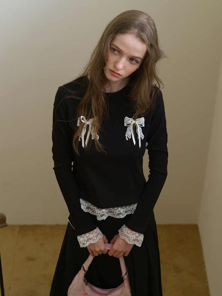 Preppy Lace Bow Coquette Long-sleeved Top - Image 2