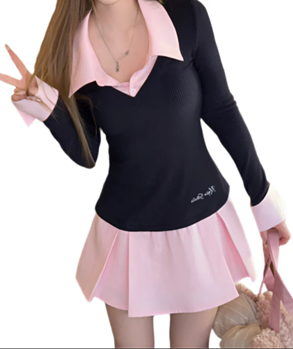 Preppy Lapel Fake Two-piece Dress - Image 2