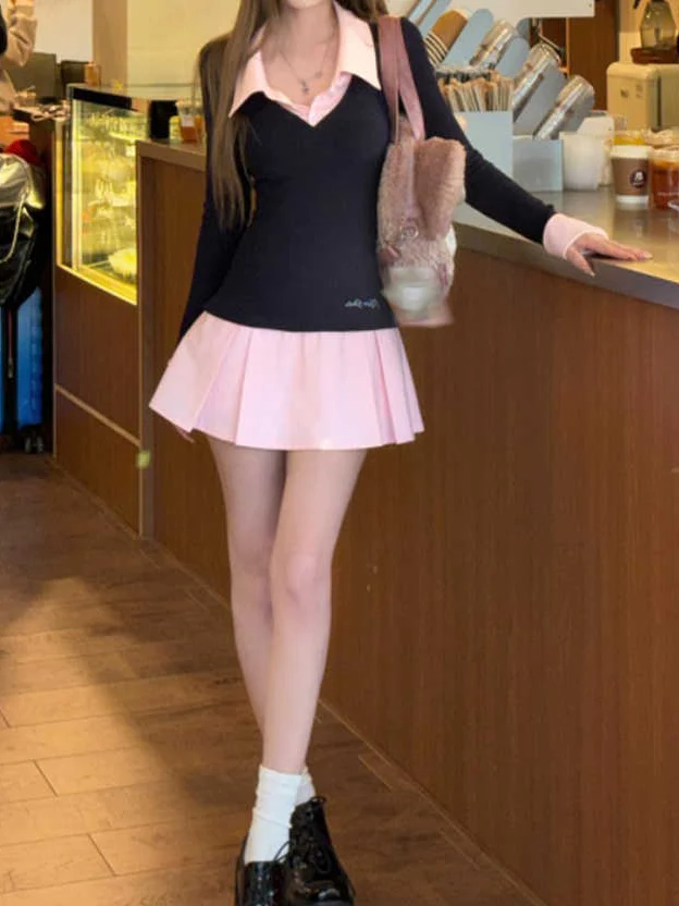 Preppy Lapel Fake Two-piece Dress - Image 4