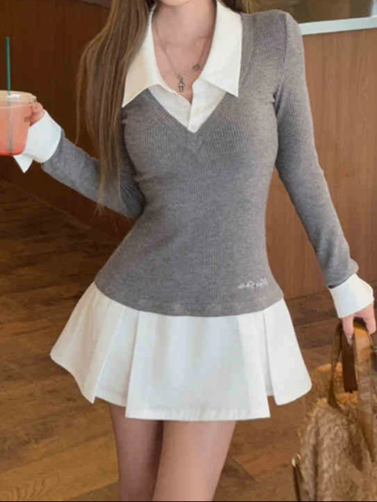 Preppy Lapel Fake Two-piece Dress - Image 5
