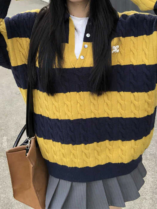Preppy Loose Striped Retro Sweater - Image 3