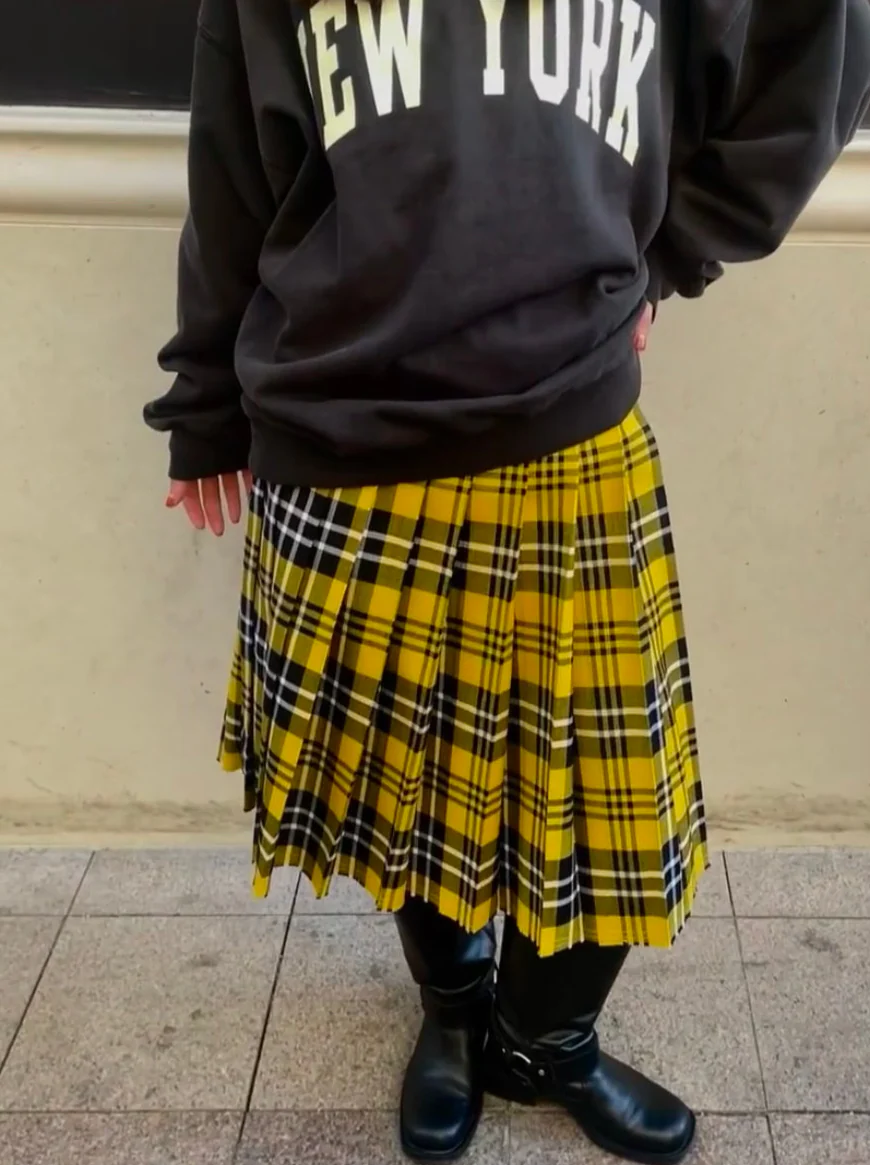 Preppy Mid-waist Yellow Plaid Pleated Skirt - Image 4