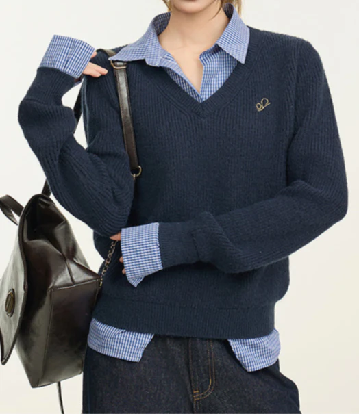 Preppy Navy Polo Collar Sweater - Image 2