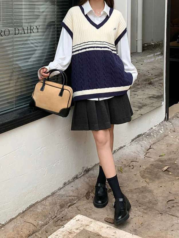 Preppy Navy V-neck Knitted Vest - Image 2