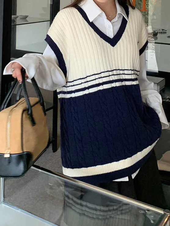 Preppy Navy V-neck Knitted Vest - Image 3