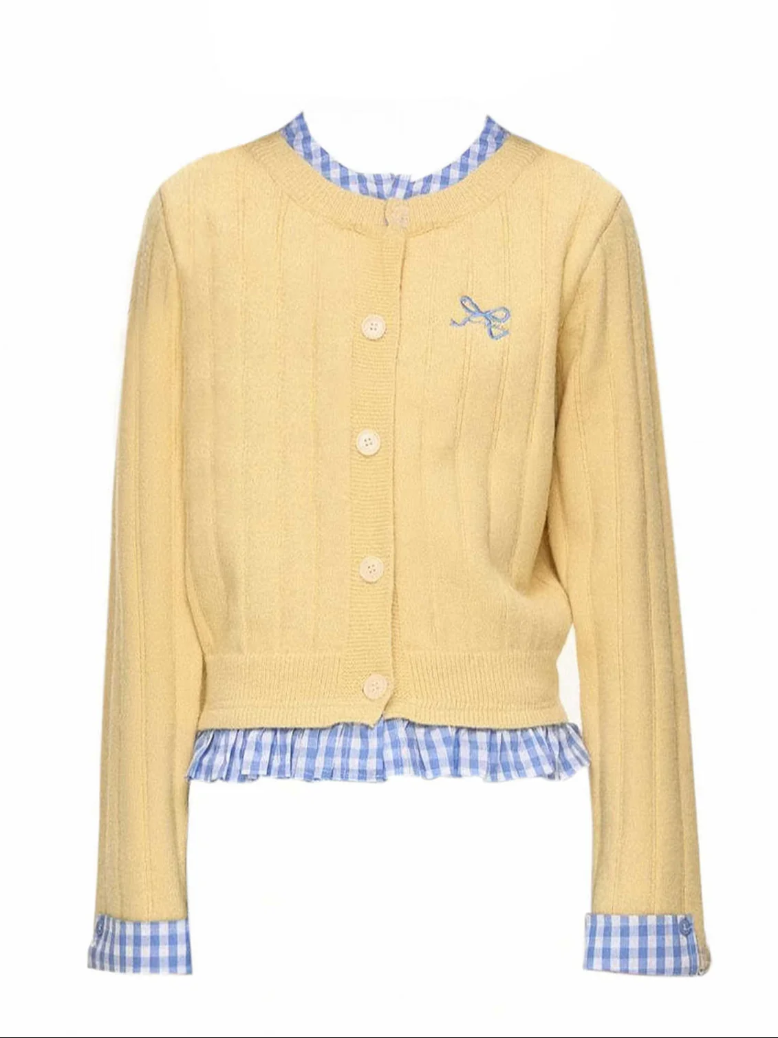 Preppy Plaid Cut Fake Two-piece Knitted Cardigan