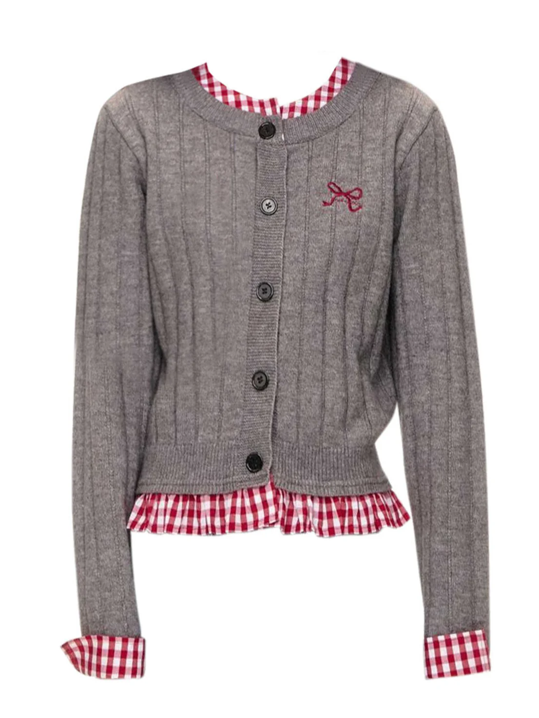 Preppy Plaid Cut Fake Two-piece Knitted Cardigan - Image 2