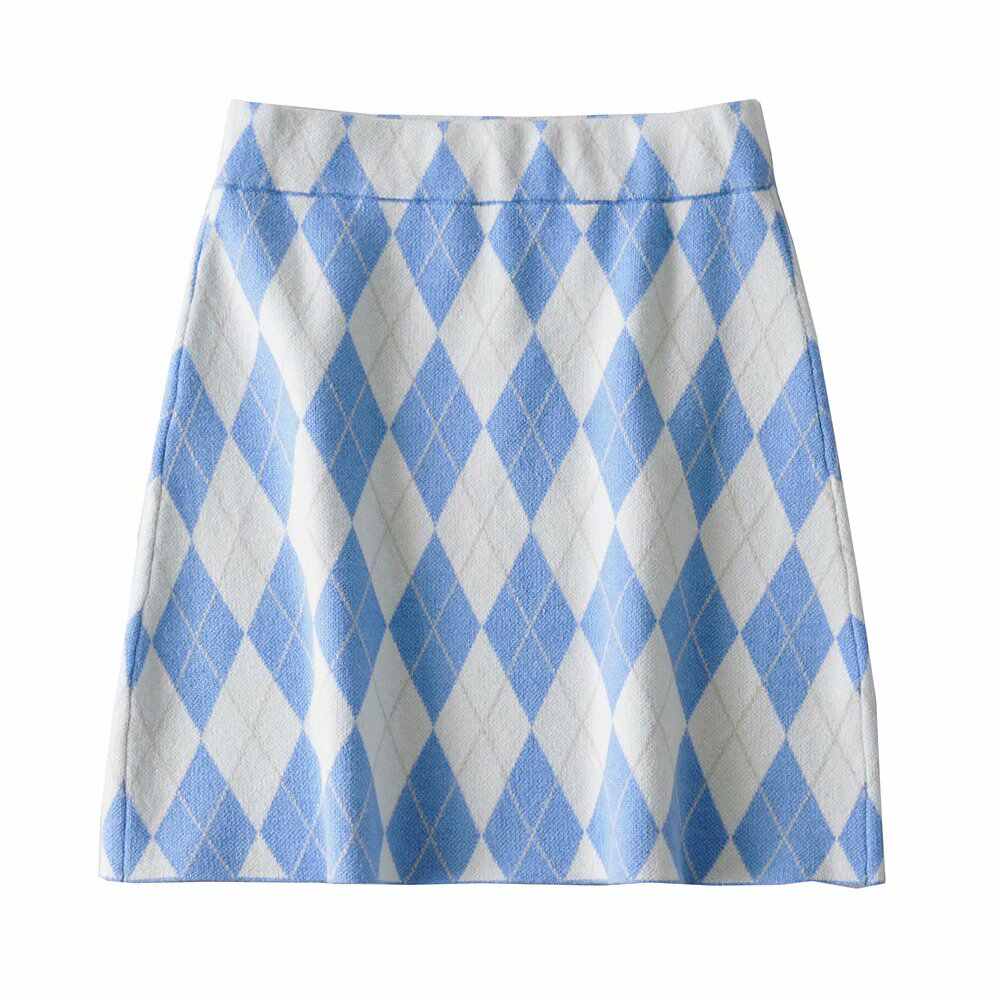 Preppy Knitted Brown Plaid Skirt - Image 3