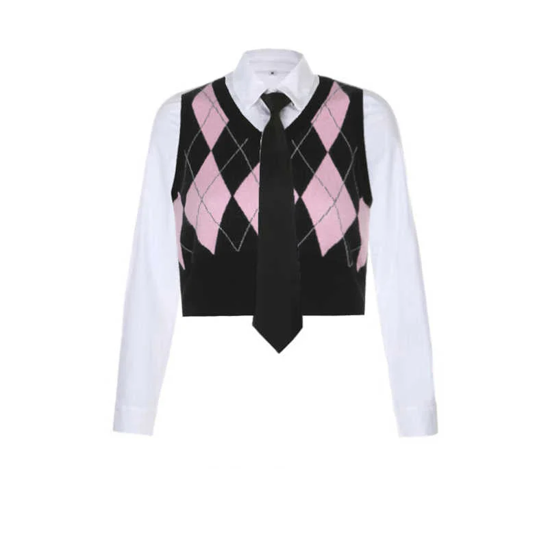 Preppy Plaid Vest Long-sleeved Shirt - Image 3