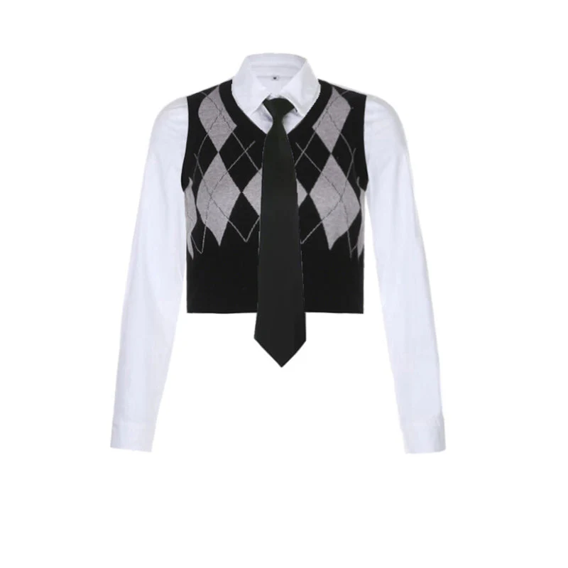 Preppy Plaid Vest Long-sleeved Shirt - Image 6