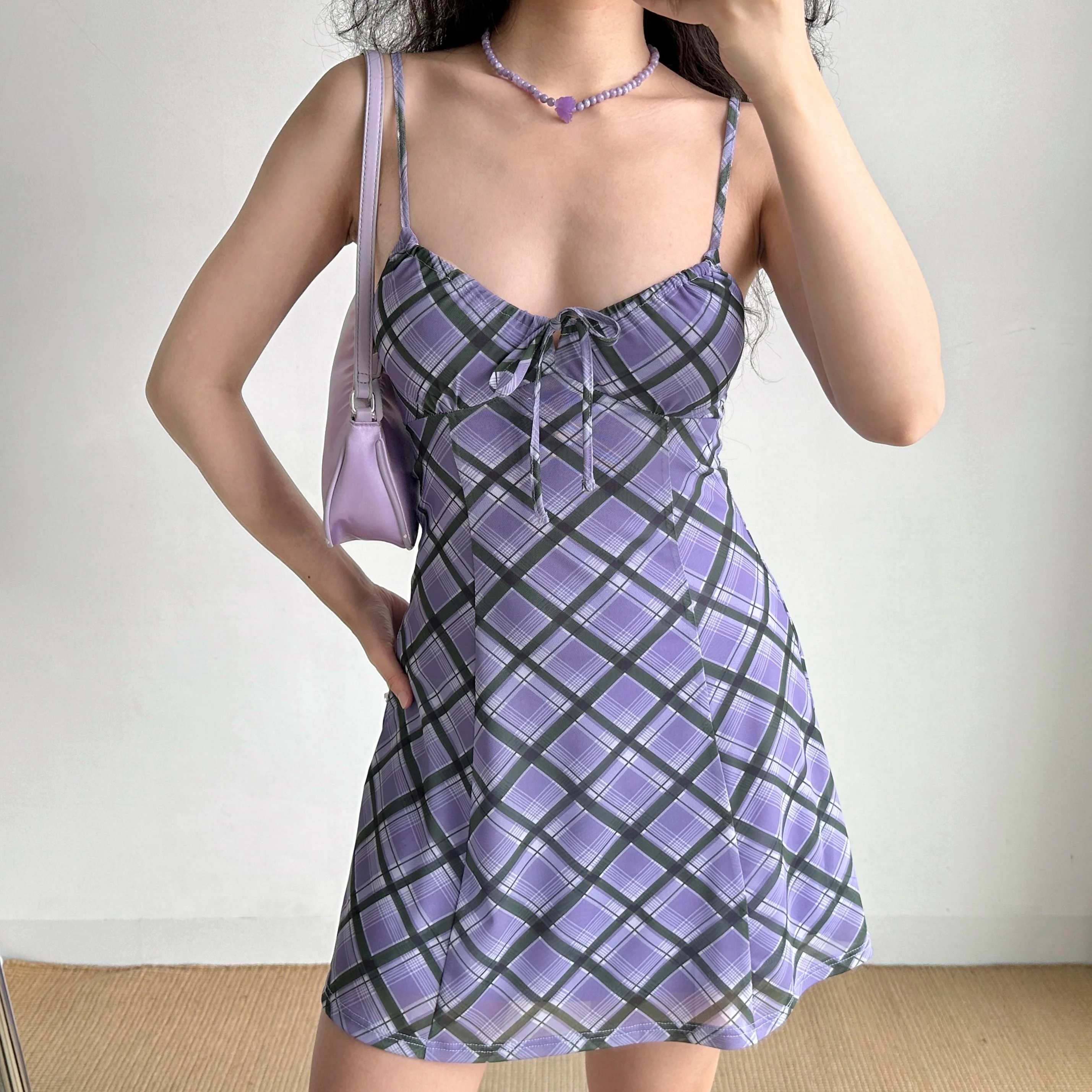 Preppy Purple Plaid Suspender Dress - Image 4