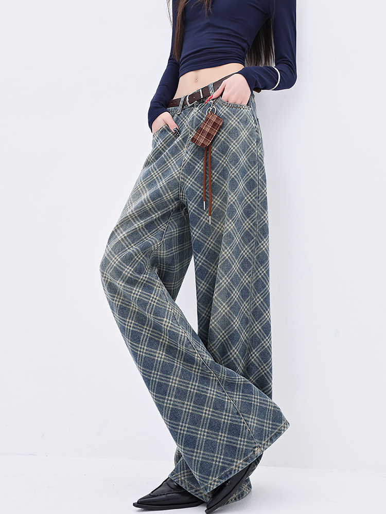Preppy Retro Plaid Wide-leg Jeans - Image 3
