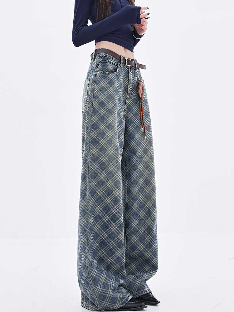 Preppy Retro Plaid Wide-leg Jeans - Image 4