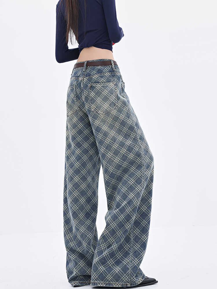Preppy Retro Plaid Wide-leg Jeans - Image 5