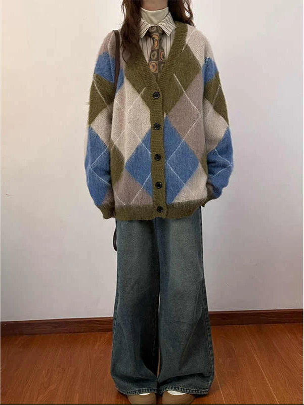 Preppy Retro Rhombus Knitted Cardigan - Image 3