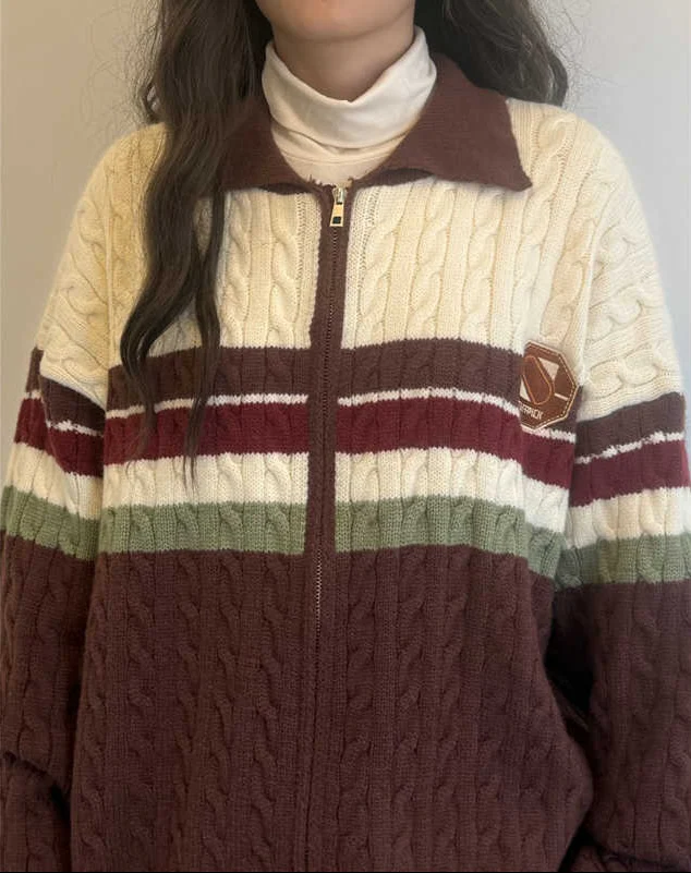 Preppy Retro Striped Lapel Knitted Cardigan - Image 2
