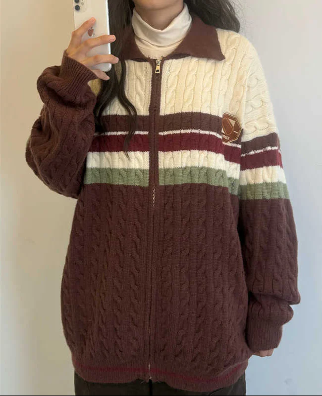 Preppy Retro Striped Lapel Knitted Cardigan - Image 3