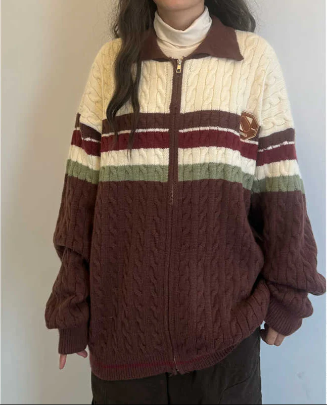 Preppy Retro Striped Lapel Knitted Cardigan - Image 4