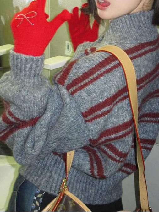 Preppy Retro V-neck Striped Sweater - Image 2
