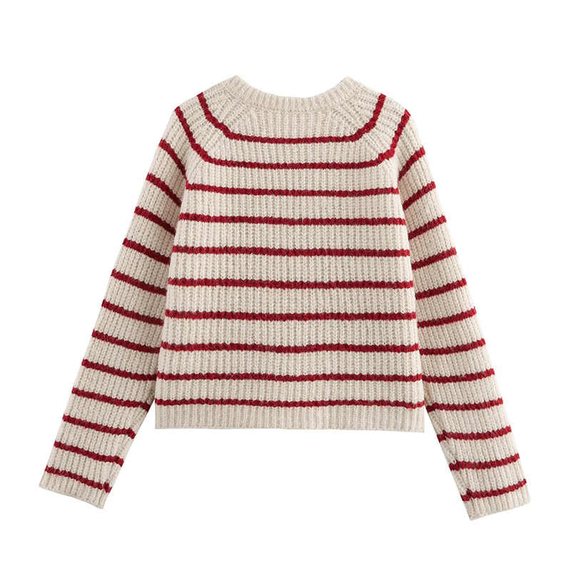 Preppy Round Neck Striped Wool Cardigan - Image 2