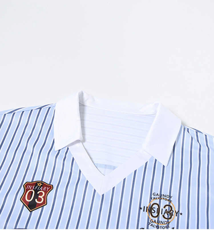 Preppy Sporty Blue Striped Lapel Long-sleeved Shirt - Image 3