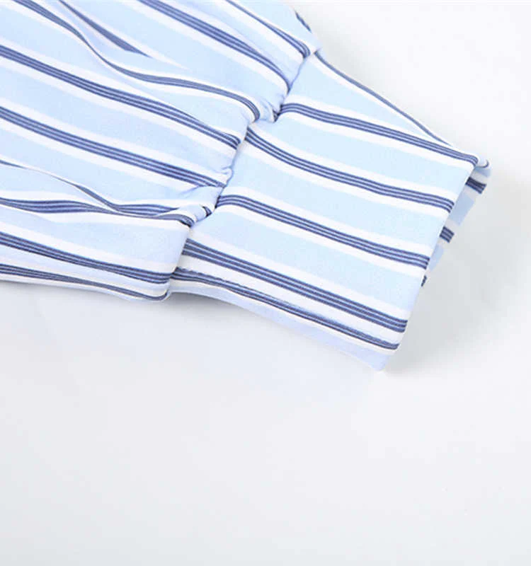 Preppy Sporty Blue Striped Lapel Long-sleeved Shirt - Image 5
