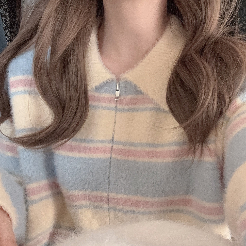 Preppy Striped Collar Furry Sweater - Image 3