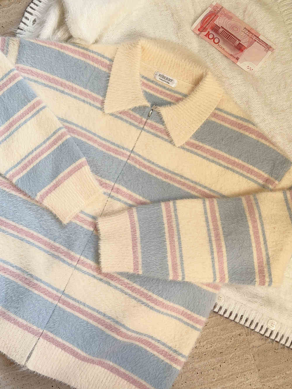 Preppy Striped Collar Furry Sweater - Image 6