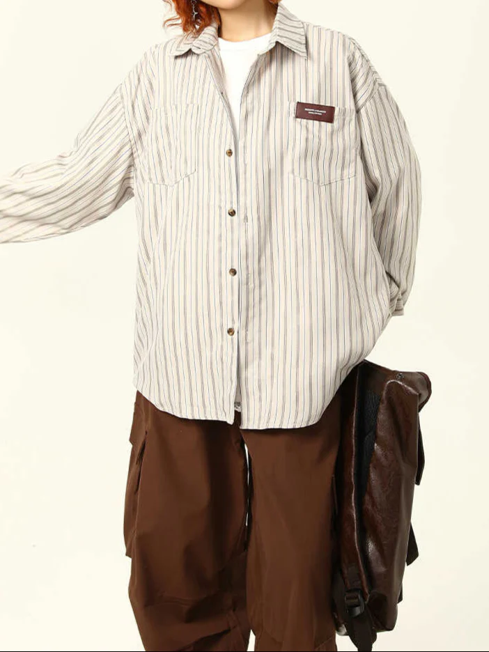 Preppy Striped Loose Long-sleeved Shirt - Image 4
